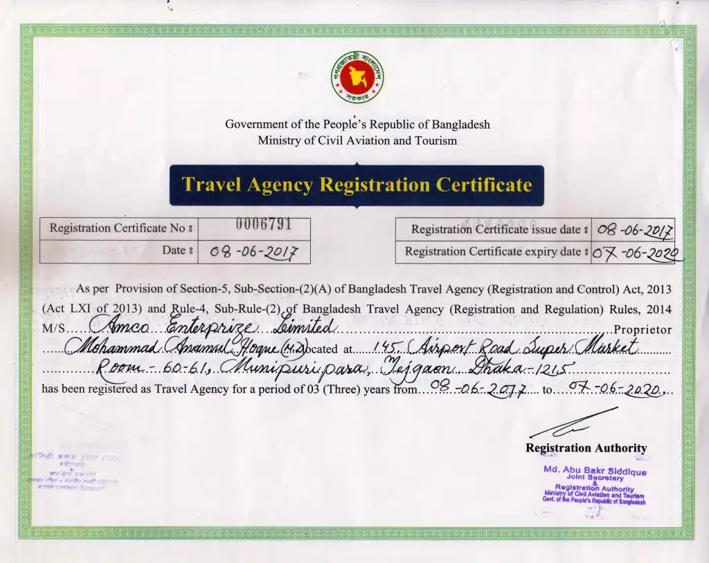 Travel Agency Registration certificate